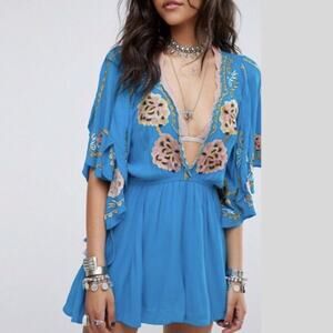 Free People Cora Blue Floral Crochet Embroidered Tunic Mini Dress Flowy L